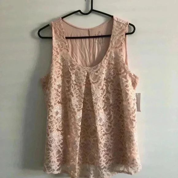 NY & Co. Metallic Lace overlay,lined,scoop neck sleeveless tank top/tunic,peach - Picture 2 of 9